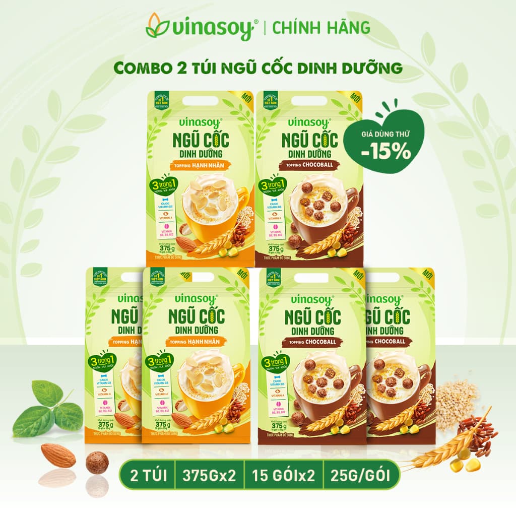Combo 02 túi ngũ cốc dinh dưỡng Vinasoy Topping Hạnh Nhân/Chocoball (2 túi | 30 gói x 25g | 375gx2)