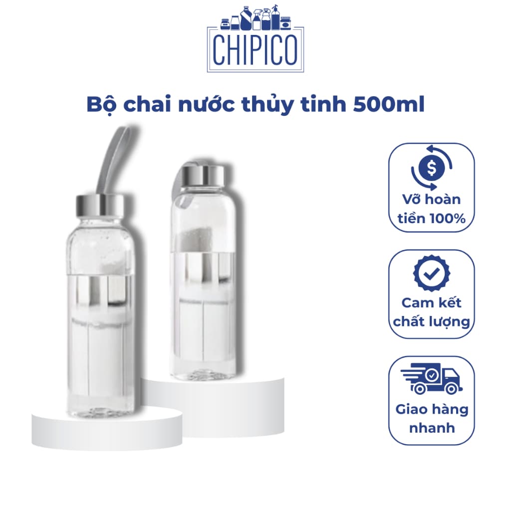 Bộ Chai Nước Thủy Tinh 300ml, 500ml Cao Cấp Kèm Nắp Inox Có Quai Xách Tiện Lợi - Chịu Nhiệt 100°C Đa Năng Đi Học, Đi Làm