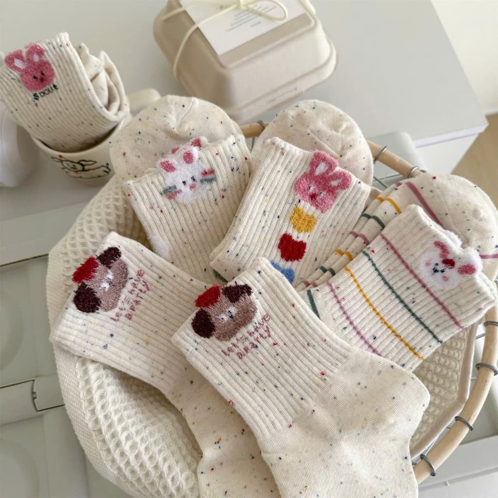 Set 5 Đôi Tất Cổ Cao Họa Tiết Cún Thỏ Chấm Bi Dễ Thương Cho Nữ  TT79 Orla
