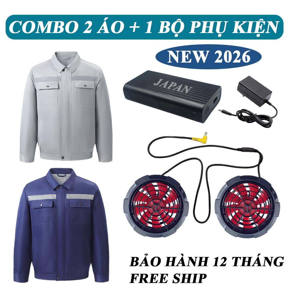 Combo 2 Áo + 1 Bộ Phụ Kiện Quạt Áo Điều Hoà Nhật Bản, Áo Kaki 2 Lớp Dày Dặn, 98.000mAh-25V, Chạy 15-17H Liên Tục