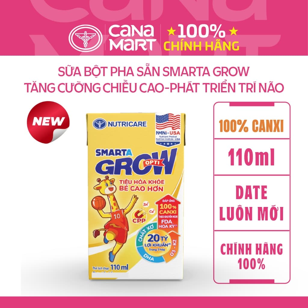 Thùng 48 hộp sữa bột pha sẵn Smarta Grow Nutricare dinh dưỡng cho trẻ thấp còi - tăng chiều cao