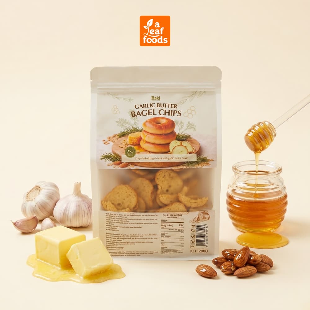 Bánh Mì Sấy Bơ Tỏi Mật Ong Baki Foods Bagel Chips 200g Snack Healthy Ít Calo Giòn Rụm A Leaf Foods