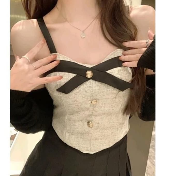 Áo Bra Cúp Ngực Nữ Dáng Corset Vải Tweed Đính Nơ, Có Mút Nâng Ngực, Hai Dây Điều Chỉnh 2215