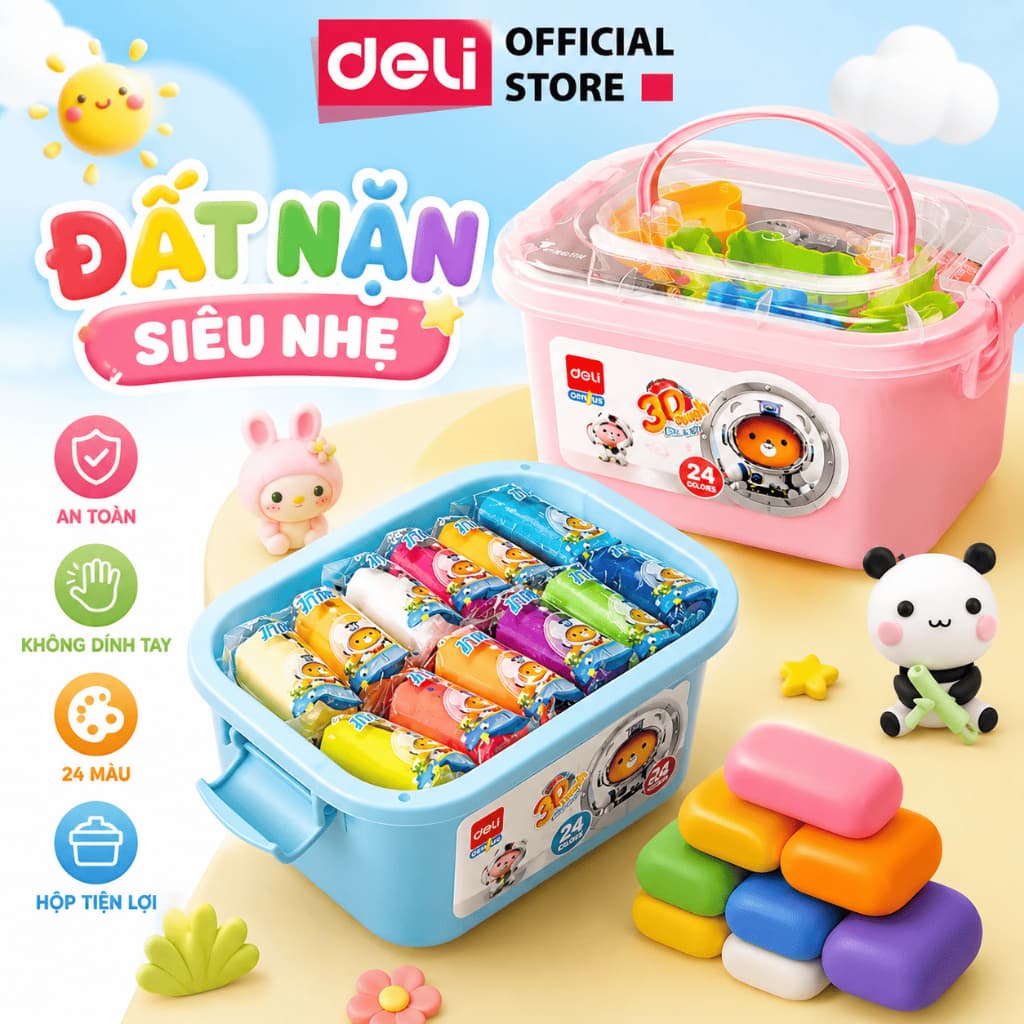 [🔥DEAL SỐC]Đất nặn 12/24 màu Deli Chất Liệu An Toàn Cho Bé Khuôn Kèm Hộp Tiện Lợi Nhiều Màu Cho Bé Sáng Tạo Phát Triển M