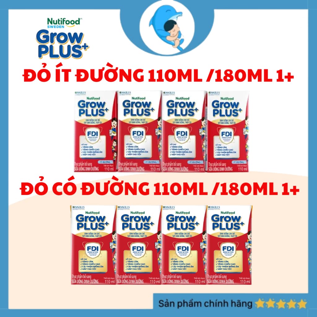 [1 LỐC] Sữa pha sẵn Nutifood Grow Plus Đỏ Tăng Cân Ít Đường cho bé trên 1 tuối (110ml/180ml) MECAHEO