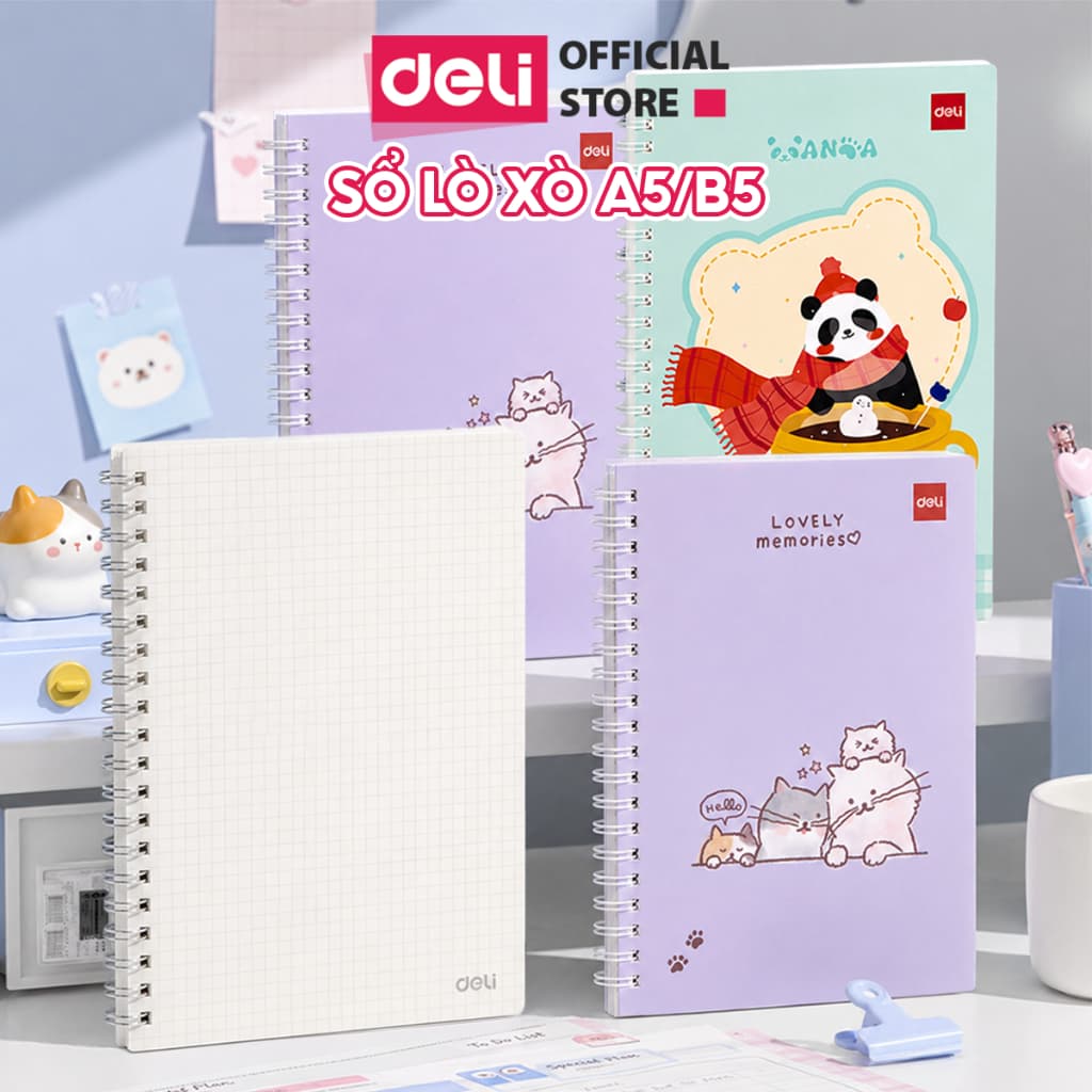 Sổ Lò Xo Kép Deli A5/B5 Kẻ Ngang & Caro 38-80 Tờ - Sổ Giấy Dày Mịn Chống Lóa Bìa Họa Tiết Cute