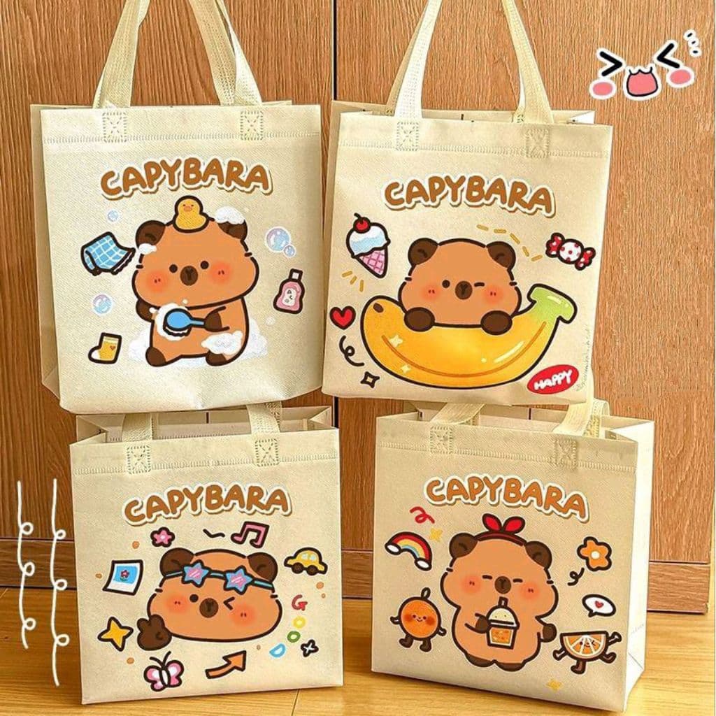 Túi vải không dệt Capybara cute 21.5X22cm, túi đựng quà xinh nhật, đựng đồ đi chơi, đi học