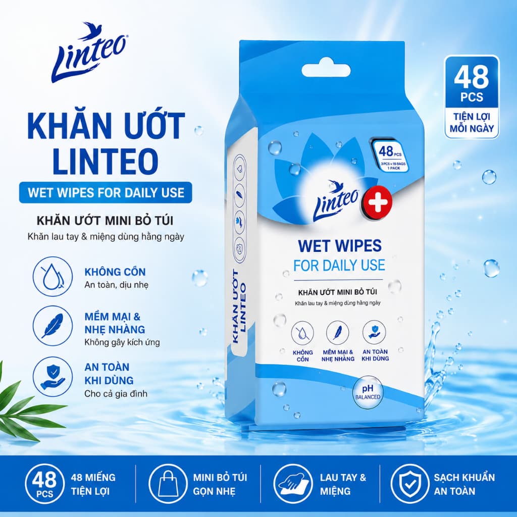 Khăn Ướt Linteo 48 Miếng Không Cồn | Khăn Ướt Mini Bỏ Túi Lau Tay, Lau Mặt | pH Cân Bằng, Mềm Mại Cho Cả Gia Đình