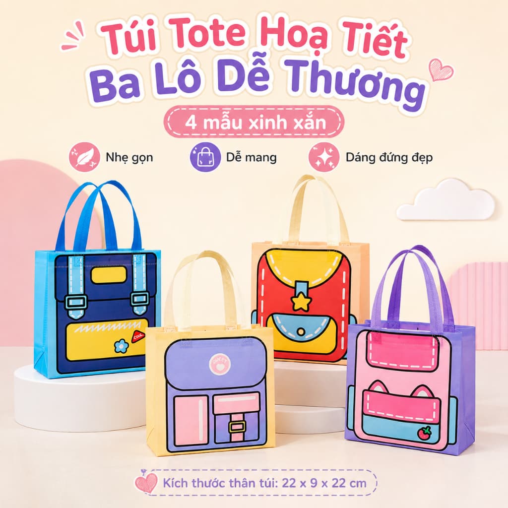 Túi Tote Mini Trẻ Em Hoạt Hình Dễ Thương 22x9x22cm | Túi Xách Vải Không Dệt Đựng Đồ Chơi, Sách Vở, Phụ Kiện Cho Bé