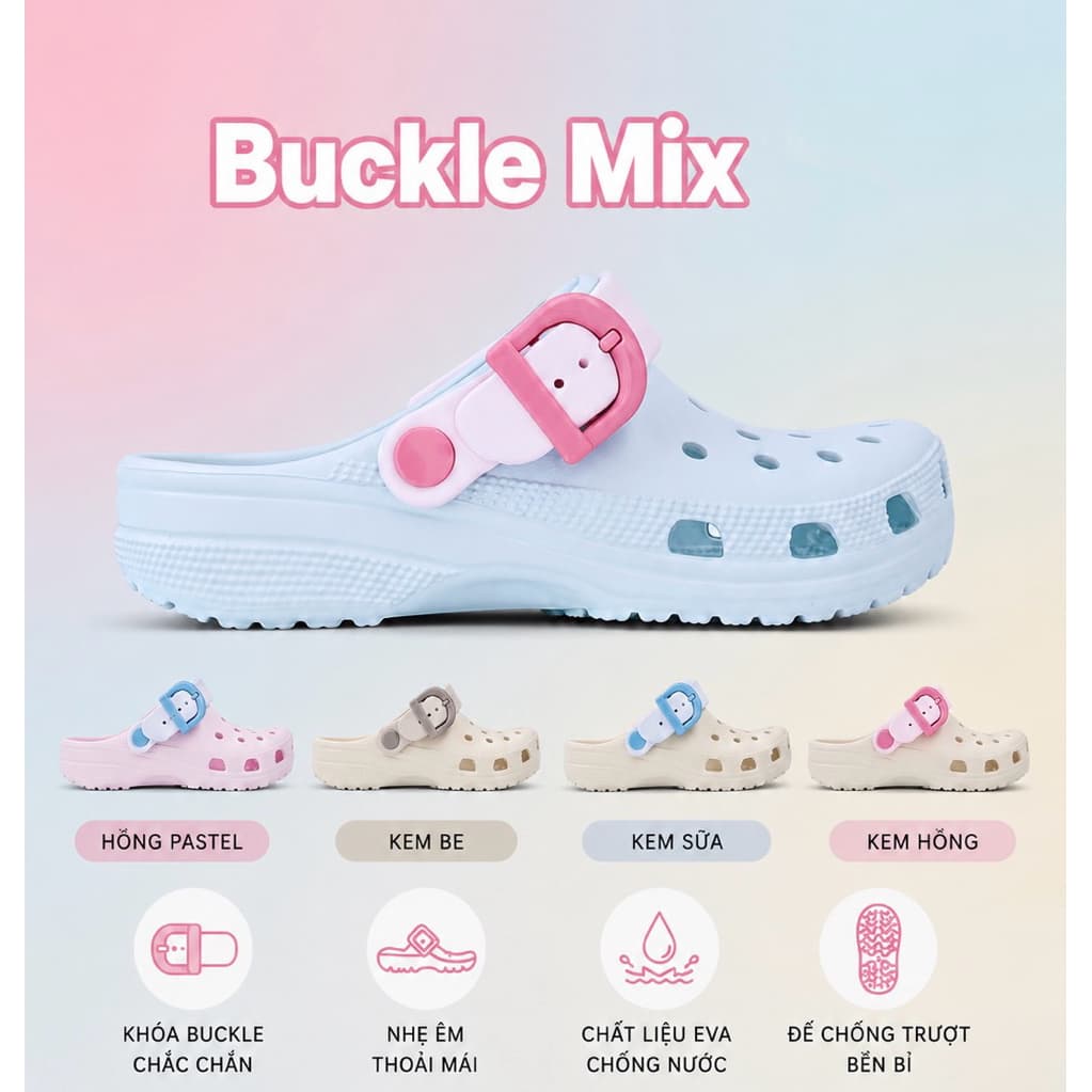 Tặng Vớ - Dép sục Phối Quai Màu Buckle Màu Pastel Nam Nữ Có Khuy Cao 3cm Chất Liệu EVA An Toàn Nhẹ Êm - Đổi size