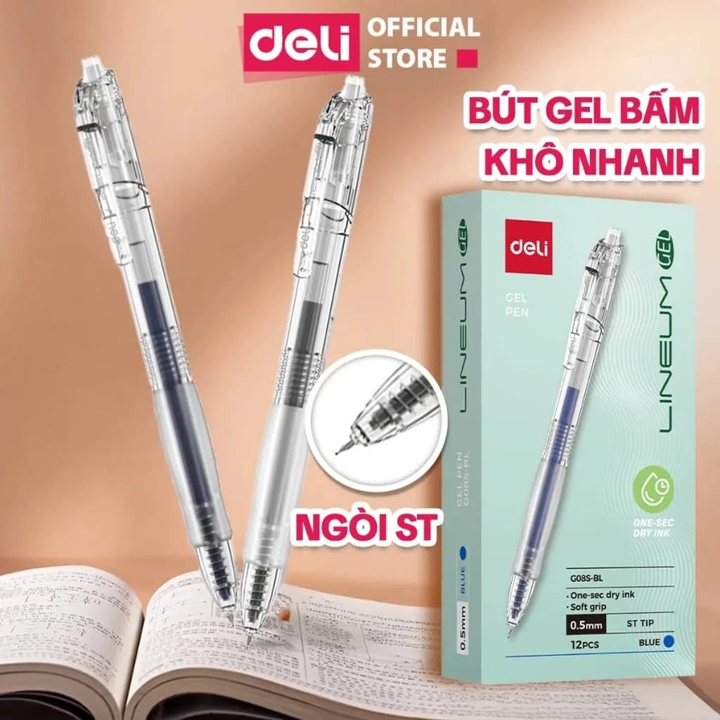 [TRỢ GIÁ EG08S] Hộp 12 Bút Gel Bấm EG08S Deli Ngòi ST 0.5mm Nhanh Khô Mực Xanh Đen Đỏ Đều Mực Có Đệm Tay