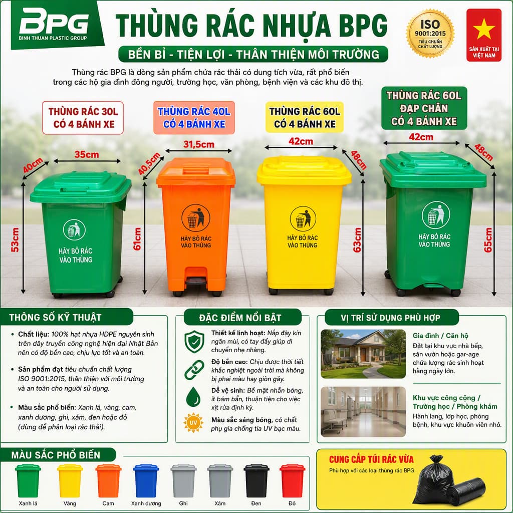 Thùng đựng rác nhựa, sọt rác nhựa 30L , 40L và 60L cho gia đình đạp chân có 4 bánh xe và nắp đậy kín