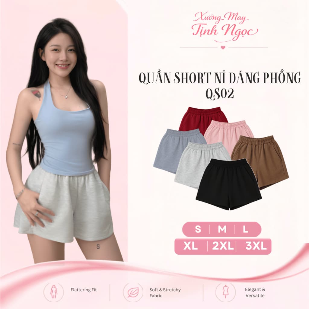 Quần Short Nỉ Nữ Bigsize Dày Dặn Cạp Chun Co Giãn, Quần Sooc Đùi Dáng Phồng Ống Rộng Basic-QSN001