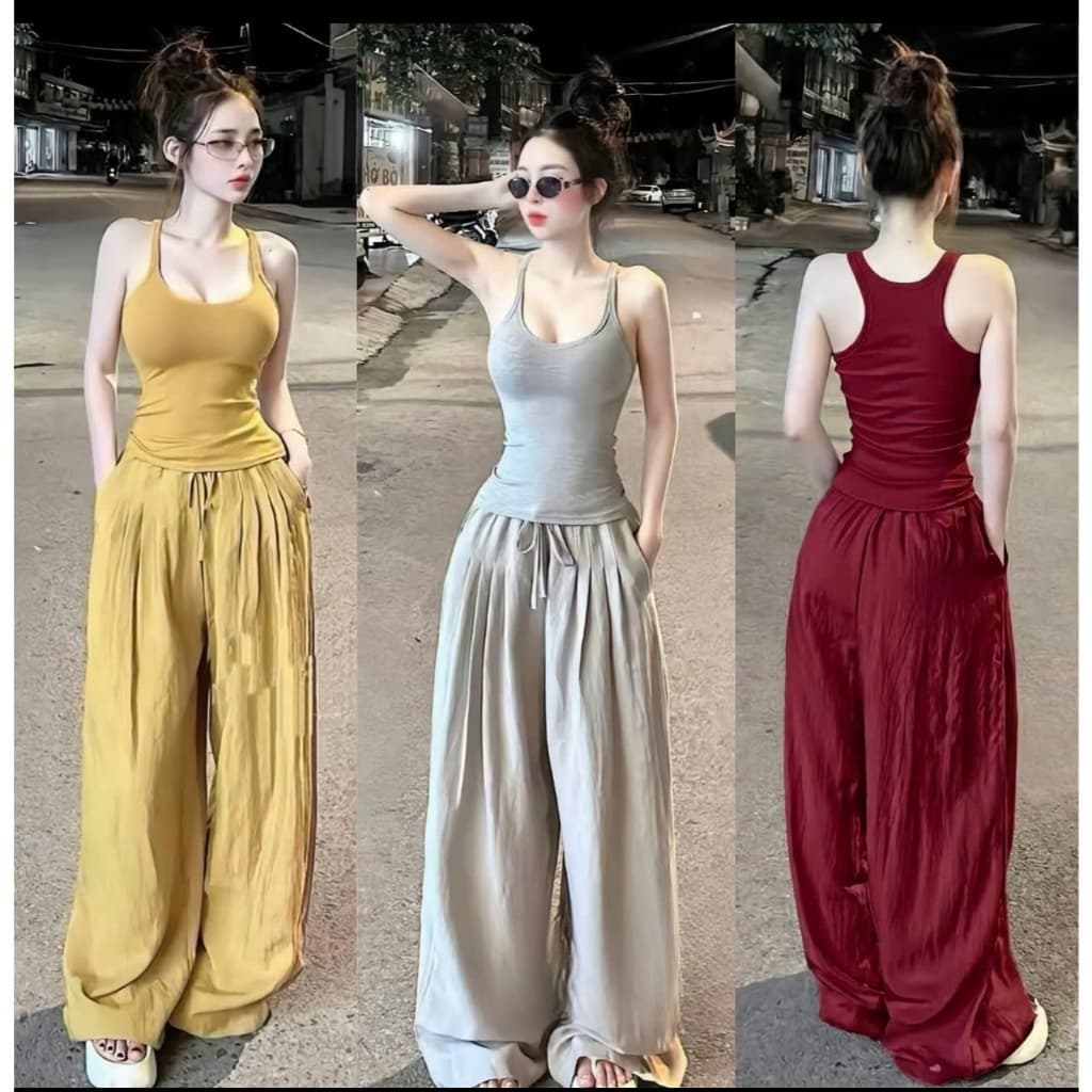 Set Bộ Nữ Áo 3 Lỗ Dây Phối Quần Suông Bồng Bí Tôn Dáng Ulzzang Basic Cá Tính Nhiều Màu