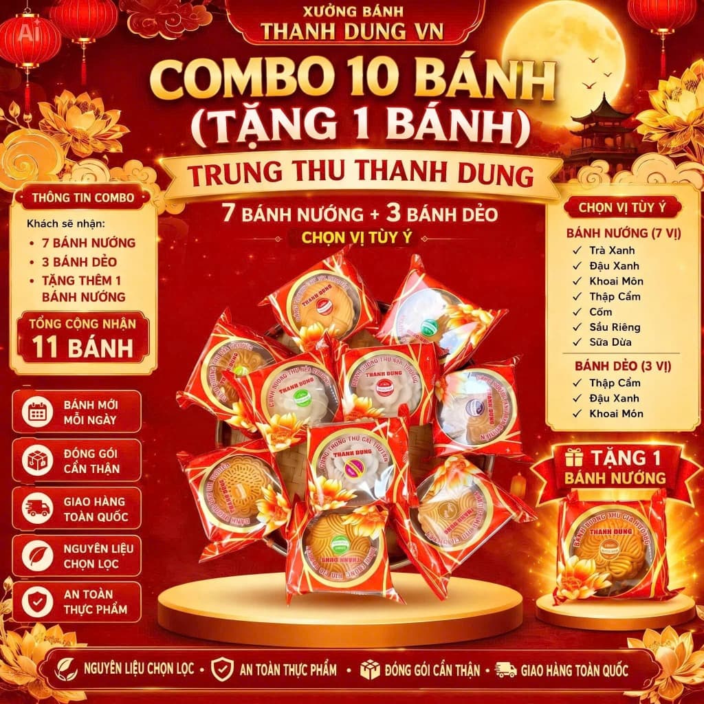 [Combo 11 bánh] Combo 10 bánh bánh trung thu truyền thống thanh dung+TẶNG 1 BÁNH NƯỚNG - Tự chọn vị