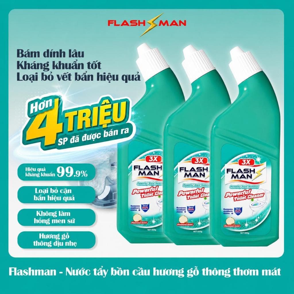 [COMBO 3 CHAI] Nước Tẩy Bồn Cầu Flashman 500g – Diệt Khuẩn 99.9% – Khử Mùi, Tẩy Sạch Vết Bẩn