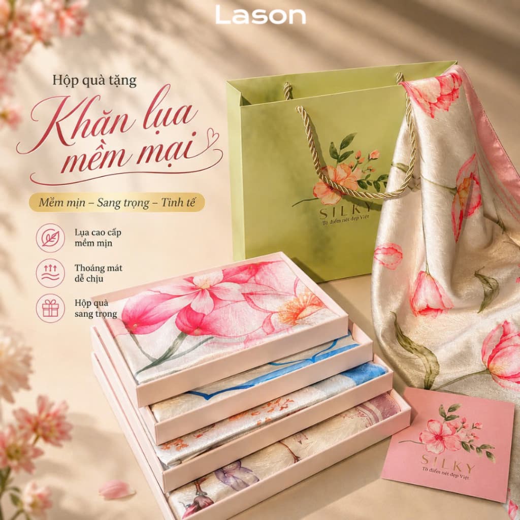 Hộp quà tặng 20/10 khăn Lụa Silky(kèm túi,thiệp)quà tặng Cô giáo, món quà tặng Mẹ, khăn lụa thời trang cao cấp