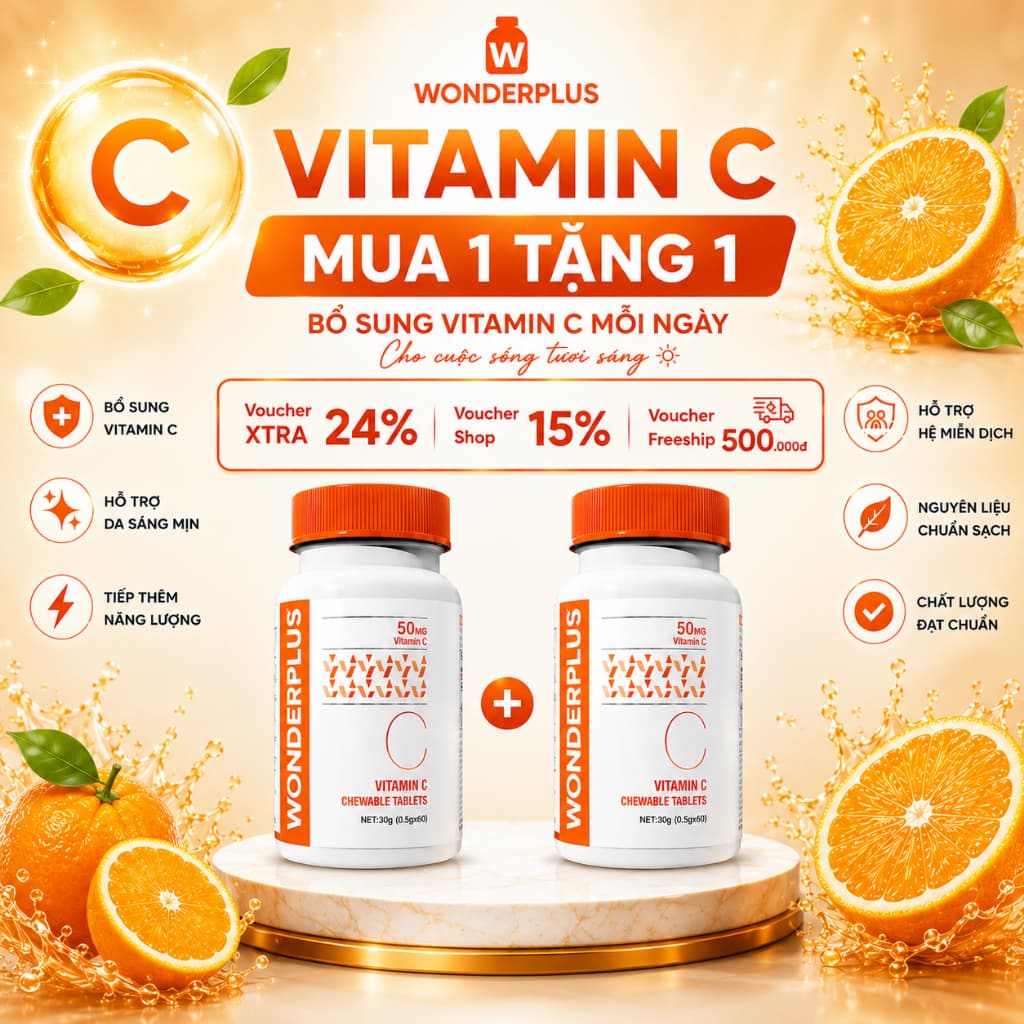 [Mua 1 Tặng 1] Viên Nhai Bổ Sung Vitamin C Wonderplus Hương Cam Giúp Làn Da Rạng Rỡ Tăng Cường Đề Kháng Hộp 60 Viên