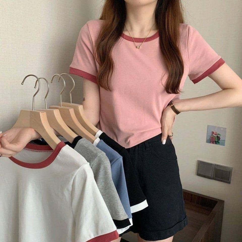 Áo Thun Nữ Ôm Body Babytee Croptop Cổ Tròn Phối Viền Tay Ngắn Co Giãn- Áo Kiểu Nữ Xinh Xắn Dễ Phối Đồ