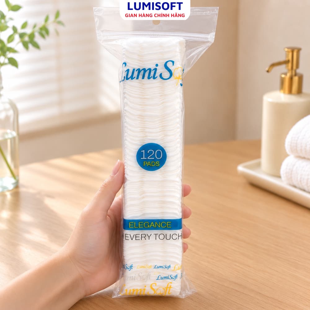 Bông tẩy trang  120 miếng vuông LumiSoft 3 lớp cotton tự nhiên mềm mịn không xơ bông an toàn cho da