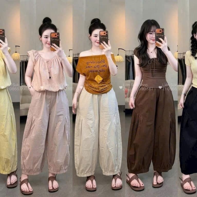 quần XẾP LY gấu chạy chun thụng chất gió lụa nhiều màu