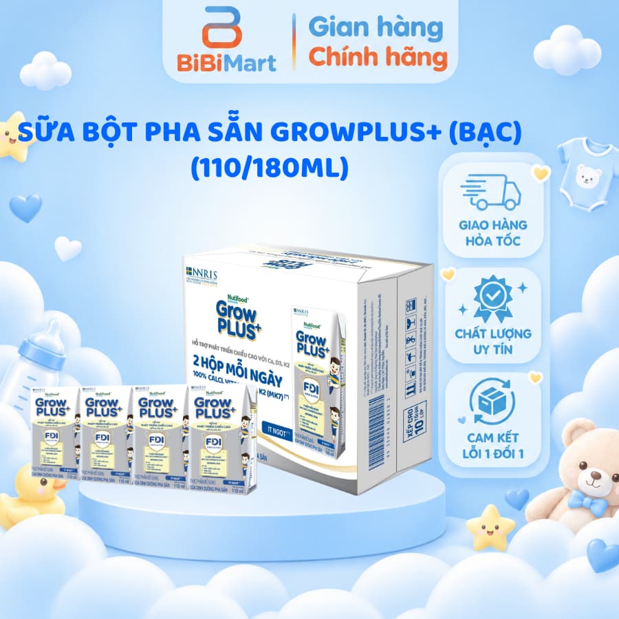 Thùng 24 hộp Sữa bột pha sẵn Nutifood GrowPLUS+ Bạc Cao Lớn Vượt Trội 110/180ml
