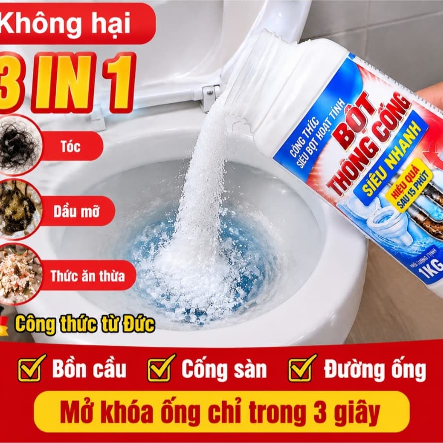 Bột Đa Năng THÔNG CỐNG SIÊU NHANH – Công nghệ PHÂN HỦY TỐC ĐỘ CAO – Đánh tan tắc NGHẼN, TÓC, DẦU MỠ, CẶN BẨN - xử lí NHA