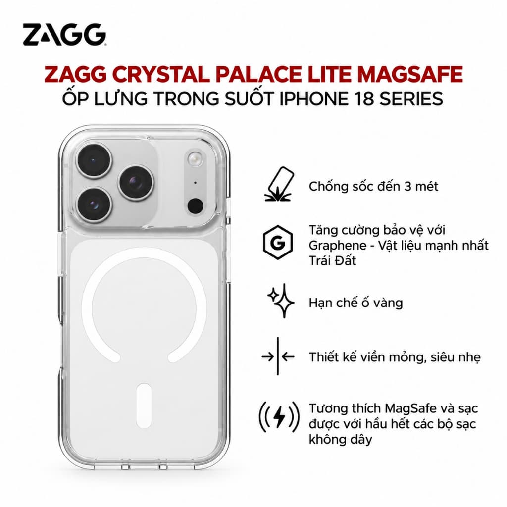[iPhone 18 Series] Ốp Lưng Trong Suốt ZAGG Crystal Lite MagSafe/Palace MagSafe/Kickstand Camera Control Chống Sốc 3M