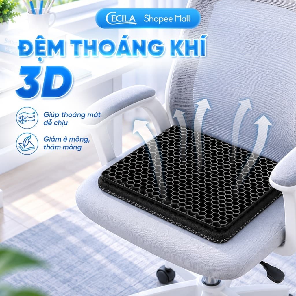 Đệm ngồi 3D Silicon văn phòng CECILA thế hệ mới, cấu trúc tổ ong 2 lớp thoáng khí, giảm áp lực