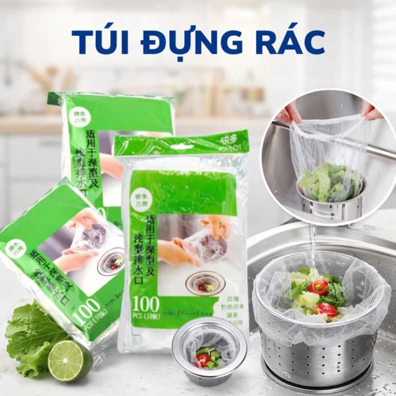 Túi Lọc Rác Bồn Rửa Chén Bịch 100 Cái, Túi Lưới Lọc Chống Tắc Nghẽn Đa Năng Tiện Lợi