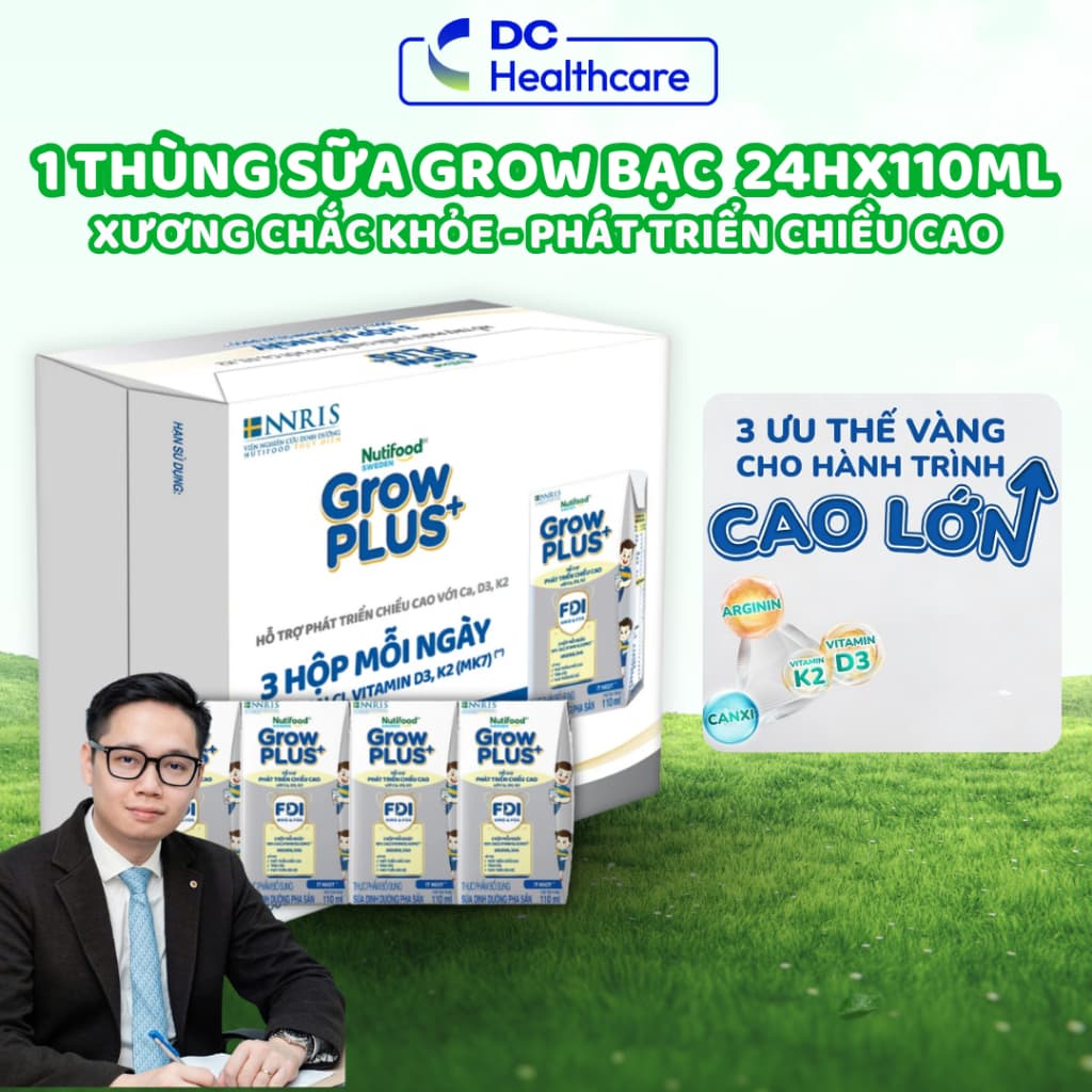 1 Thùng 24 Hộp 110ml Sữa Dinh Dưỡng Nutifood GrowPLUS+ (Bạc) Cao Lớn Vượt Trội Hộp (24 hộp  x 110ml)