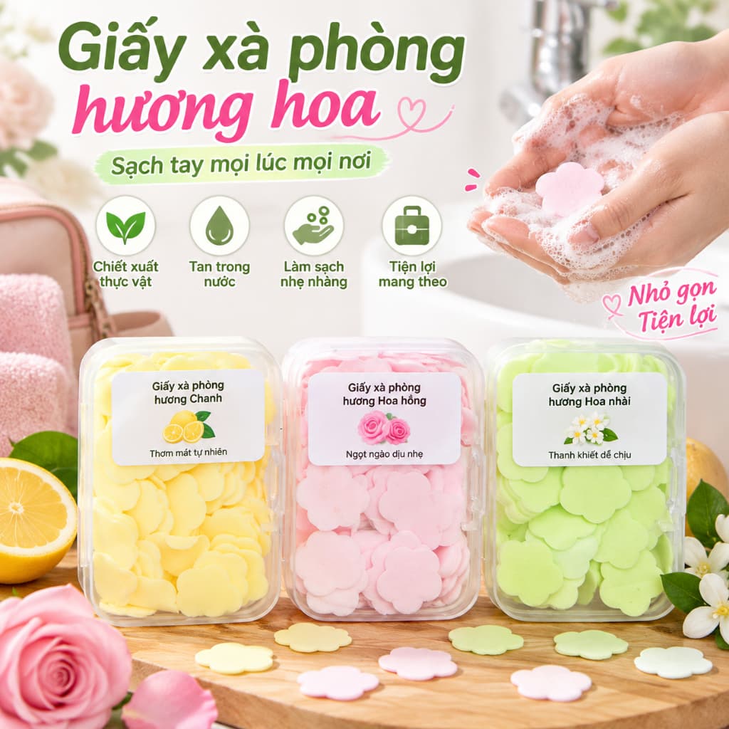 Aanadel📢Xà phòng dùng một lần Giấy cánh hoa Miếng rửa tay du lịch di động