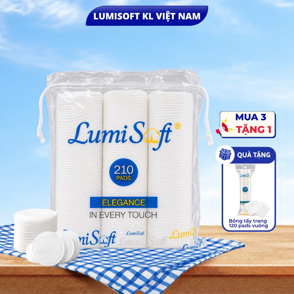 Bông tẩy trang 210 miếng tròn LumiSoft KL cotton 3 lớp dày dặn không xơ bông mềm mịn an toàn cho da