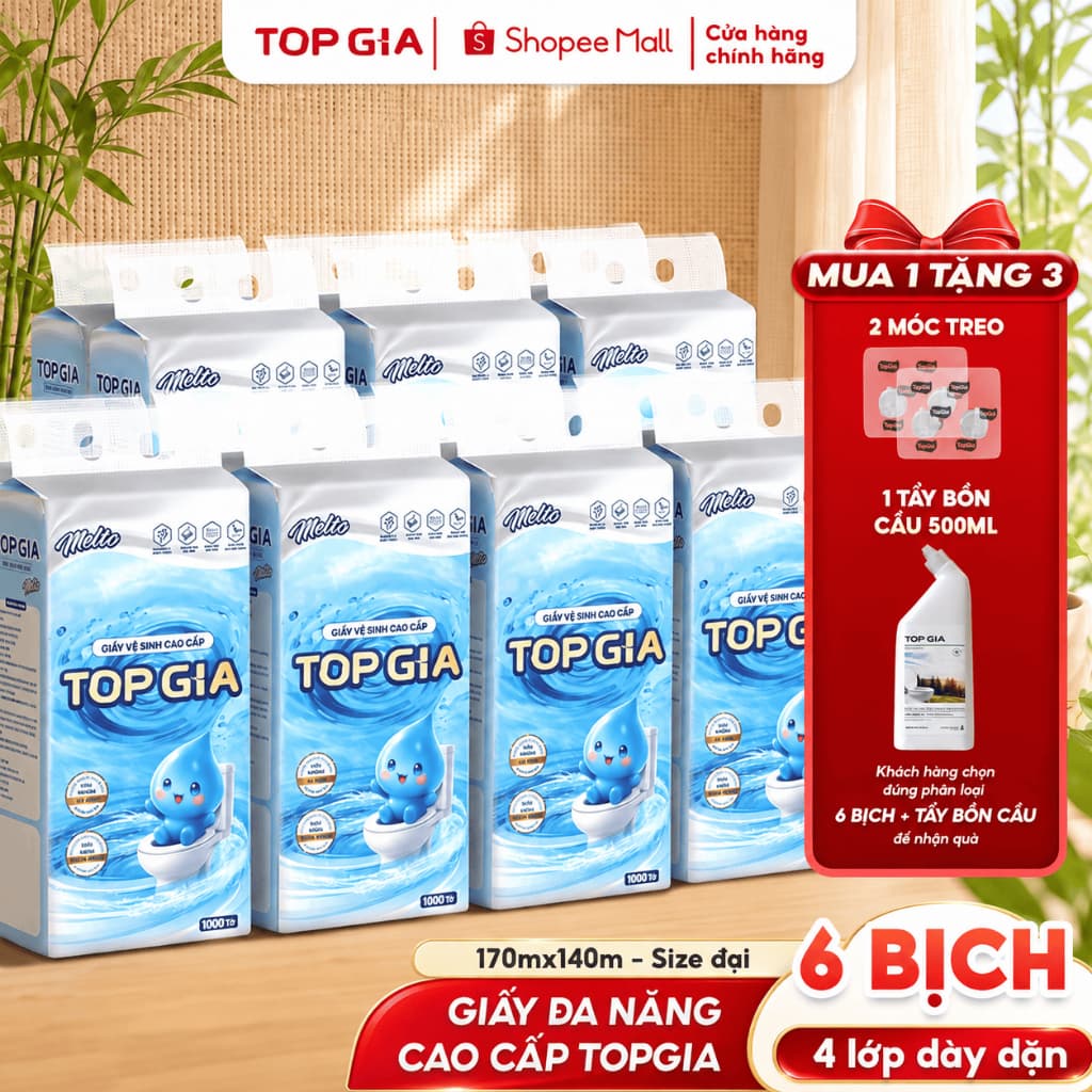[XẢ KHO BỊCH SIZE ĐẠI] Giấy vệ sinh treo tường đa năng TopGia Melto 1000 Tờ/4 lớp dập vân 4D, mềm mịn tiện lợi