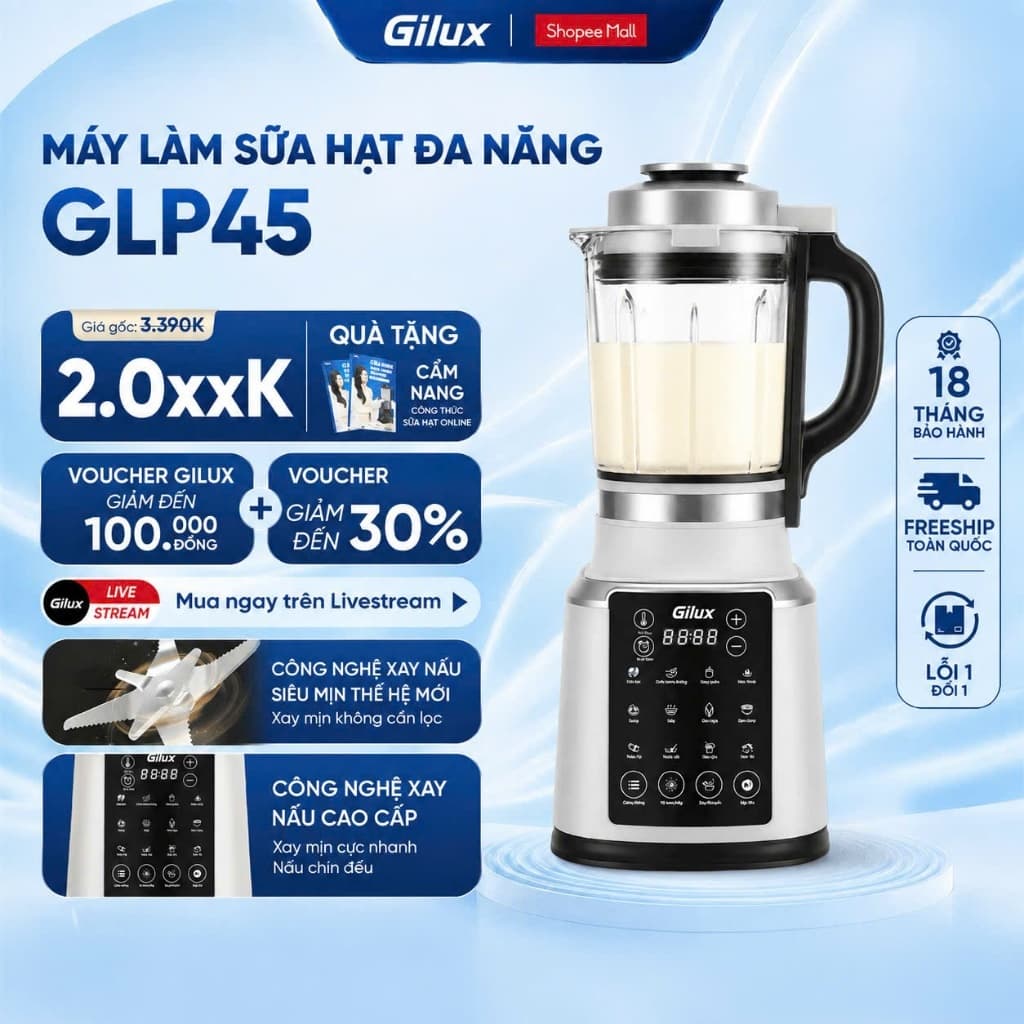 Máy làm sữa hạt Gilux cao cấp - có 15 chức năng tiện lợi - bảo hành 18 tháng