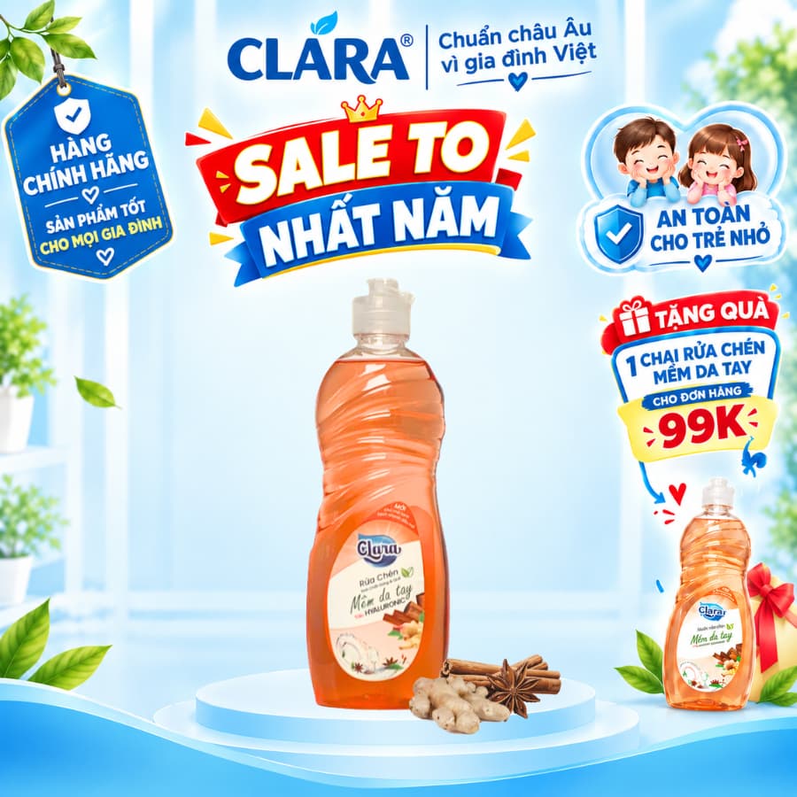Nước Rửa Chén Clara Hương Gừng Quế Tự Nhiên 400g NRCQG10, Nước Rửa Bát Sạch Dầu Mỡ, Khử Mùi Tốt Hàng Chính Hãng