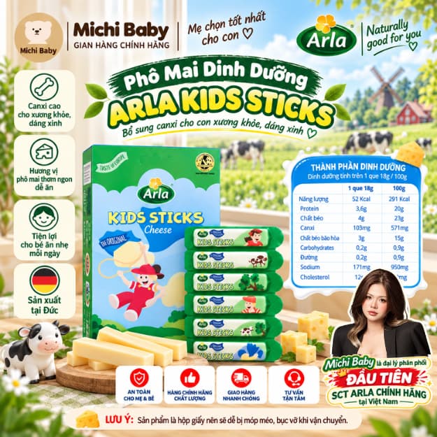 Phô Mai Arla Kids Sticks Cho Bé Bổ Sung Canxi Cao, Béo Ngậy, Dinh Dưỡng Từ Châu Âu Hộp 6 Thanh(18g) - MC893 - AF8