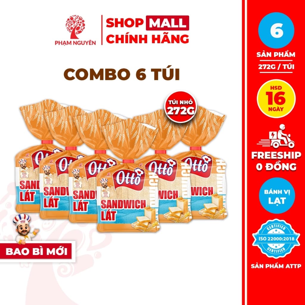 [DATE 06/10/2026] Combo 6 Túi Bánh Sandwich lạt Otto Phạm Nguyên 272g