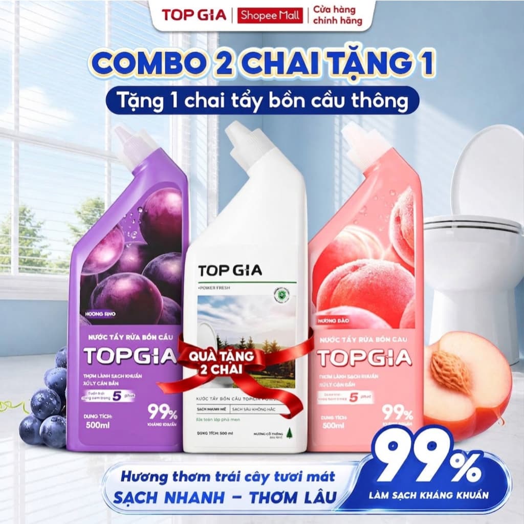 [MUA 2 NHẬN 3] Combo 2 Chai Tẩy Bồn Cầu Hương Nho, Đào Tặng 1 Chai Thông - Thơm Mát Sạch Bóng - An Toàn Men Sứ F1344