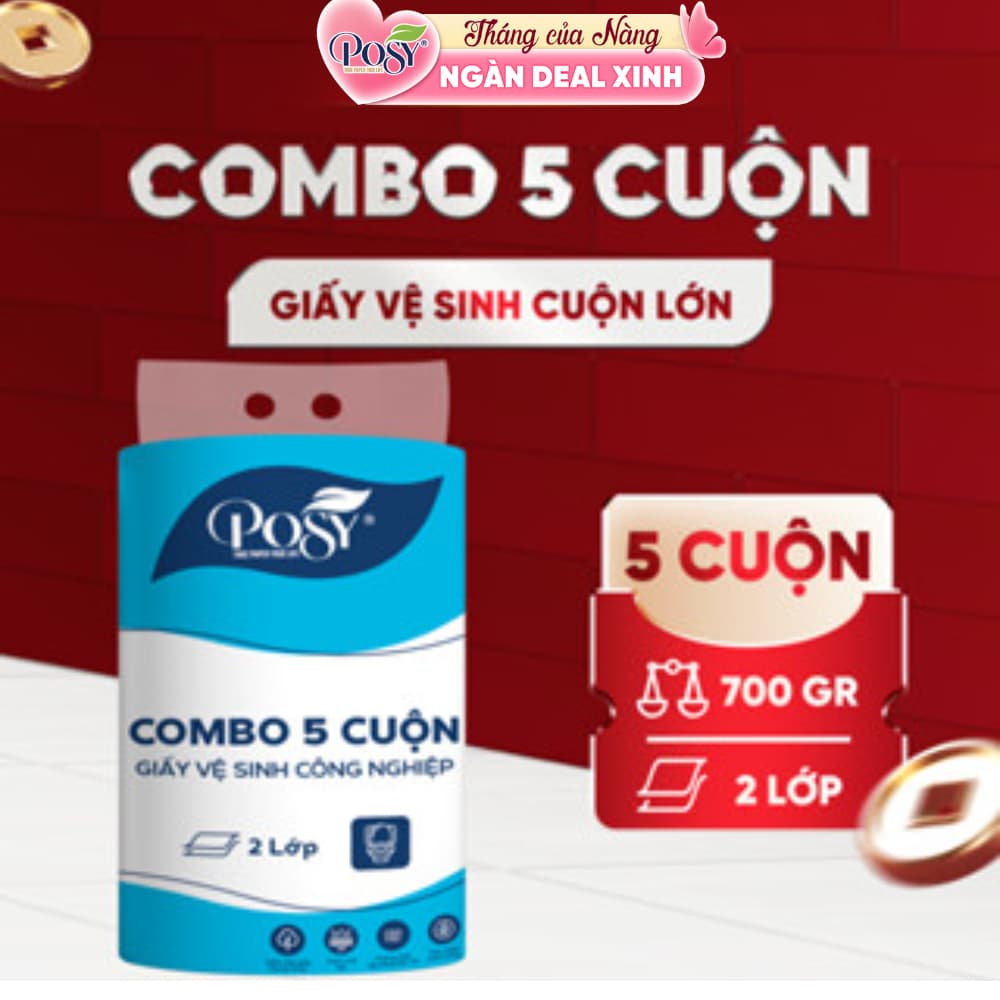 POSY_COMBO 5 CUỘN GVS cuộn lớn Posy 700gr 2 lớp, mềm dai, tiết kiệm, lựa chọn cho công ty, văn phòng
