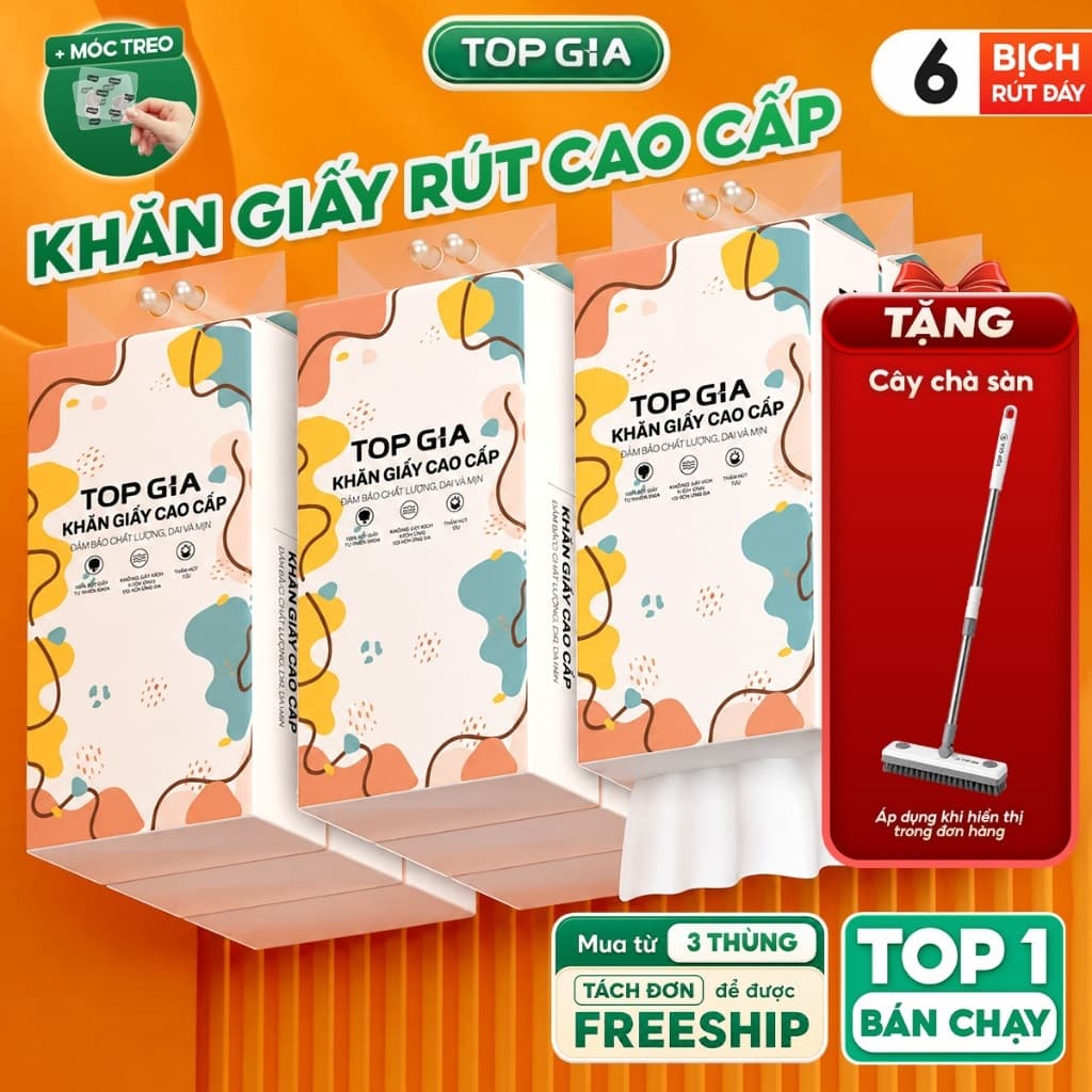 [TẶNG CÂY CHÀ SÀN] Thùng 6 bich giấy vệ sinh treo tường Topgia bịch 1280 tờ 4 lớp tặng cầy chà sàn
