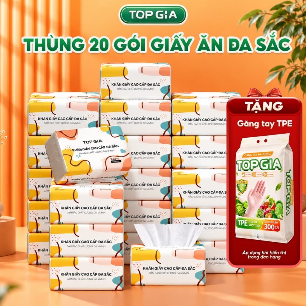 (TĂNG GĂNG TAY) Thùng 20 gói giấy ăn đa sắc Topgia mềm mịn, thấm hút tốt dập vân 4D 240 tờ/4 lớp
