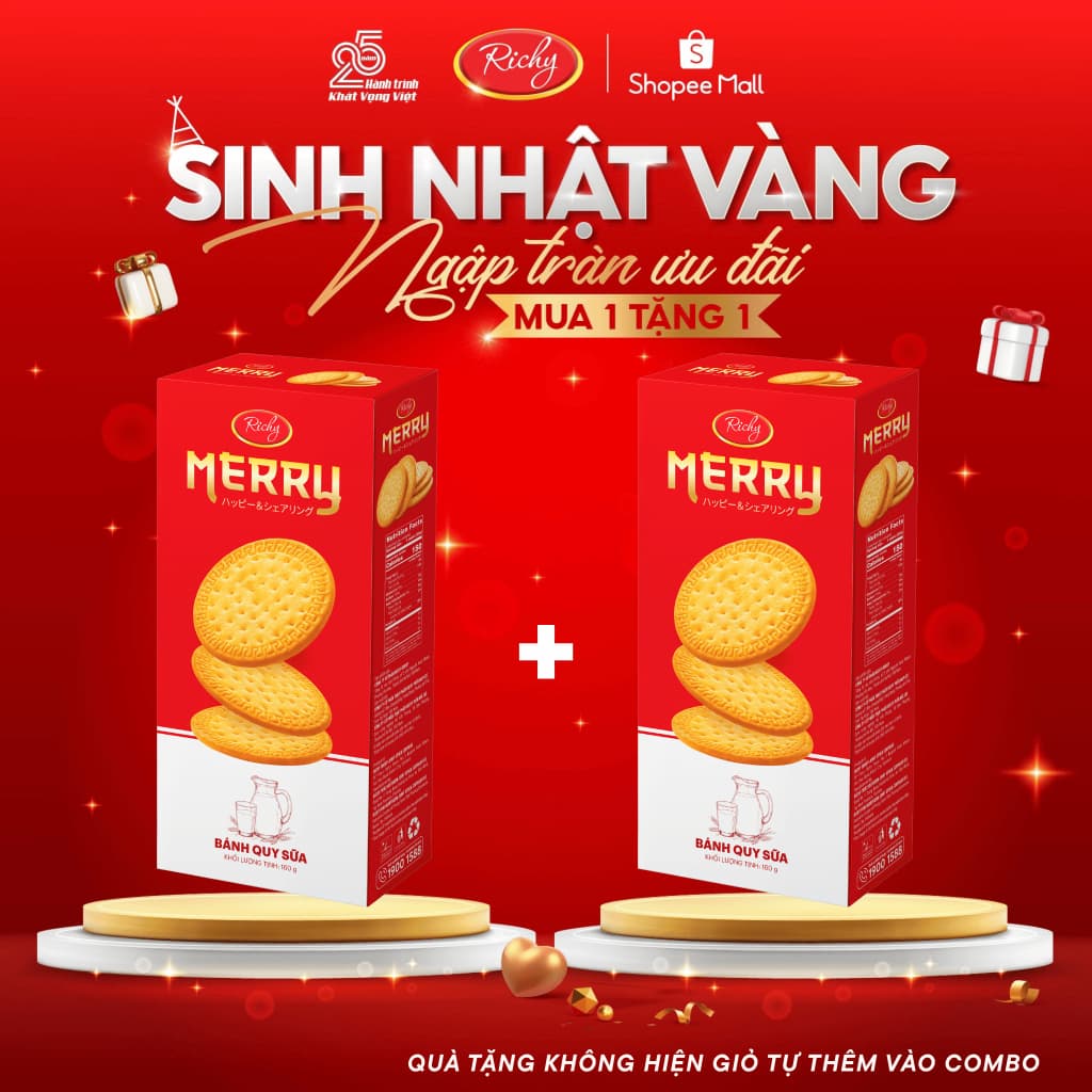 [ MUA 1 TẶNG 1, MUA 2 TẶNG 2,..] Bánh Merry quy sữa 160g, date t12/2026,bánh kẹo Richy