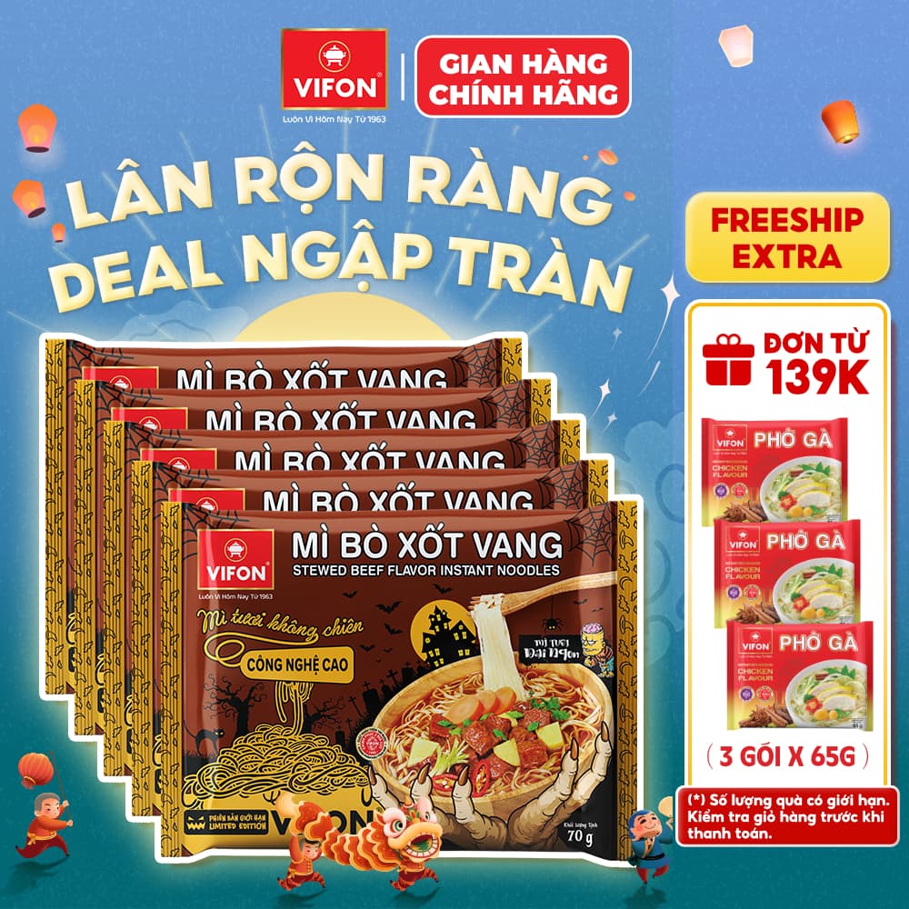 [S-VIP + VOUCHER 15%] Set 5 Gói Mì Tươi Bò Xốt Vang/Thịt Bằm/Tôm Chua Cay VIFON - Sợi Dai Ngon, 70g/Gói