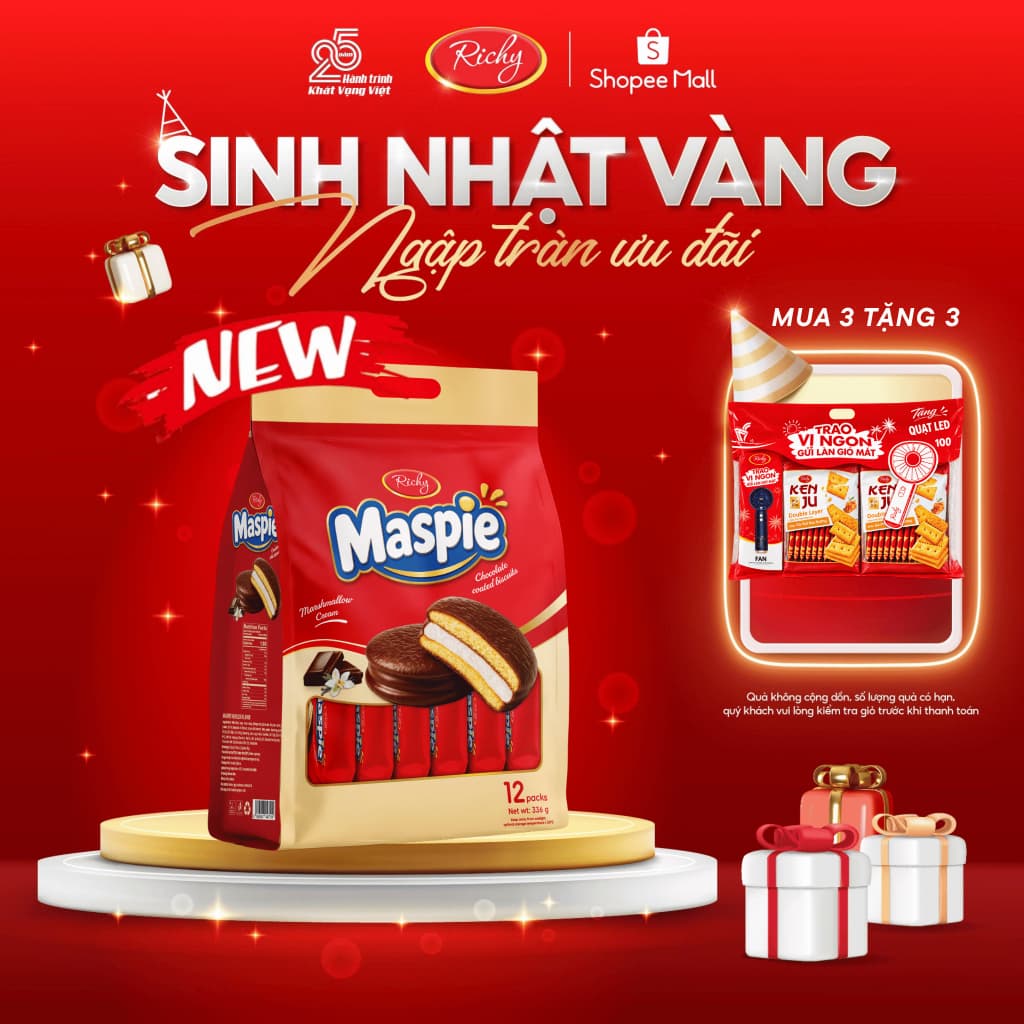 [MUA 3 TẶNG 3] Bánh Chocolate Maspie Richy – Pie Giòn Nhân Marshmallow 336g 12 Gói