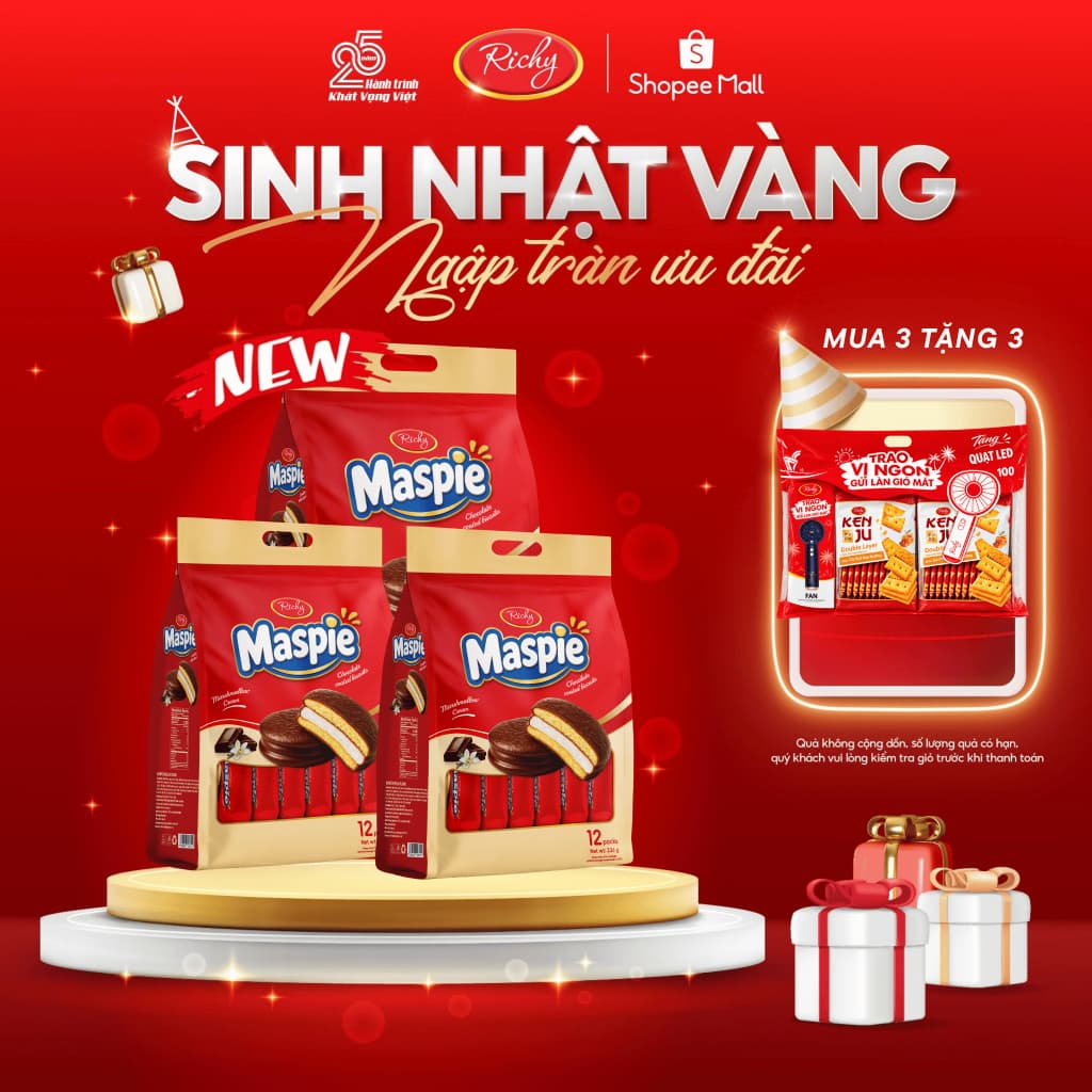 [NEW][MUA 3 TẶNG 3] COMBO 3 Bánh Pie Giòn Maspie Richy Nhân Marshmallow Phủ Chocolate 336g – 12 Gói