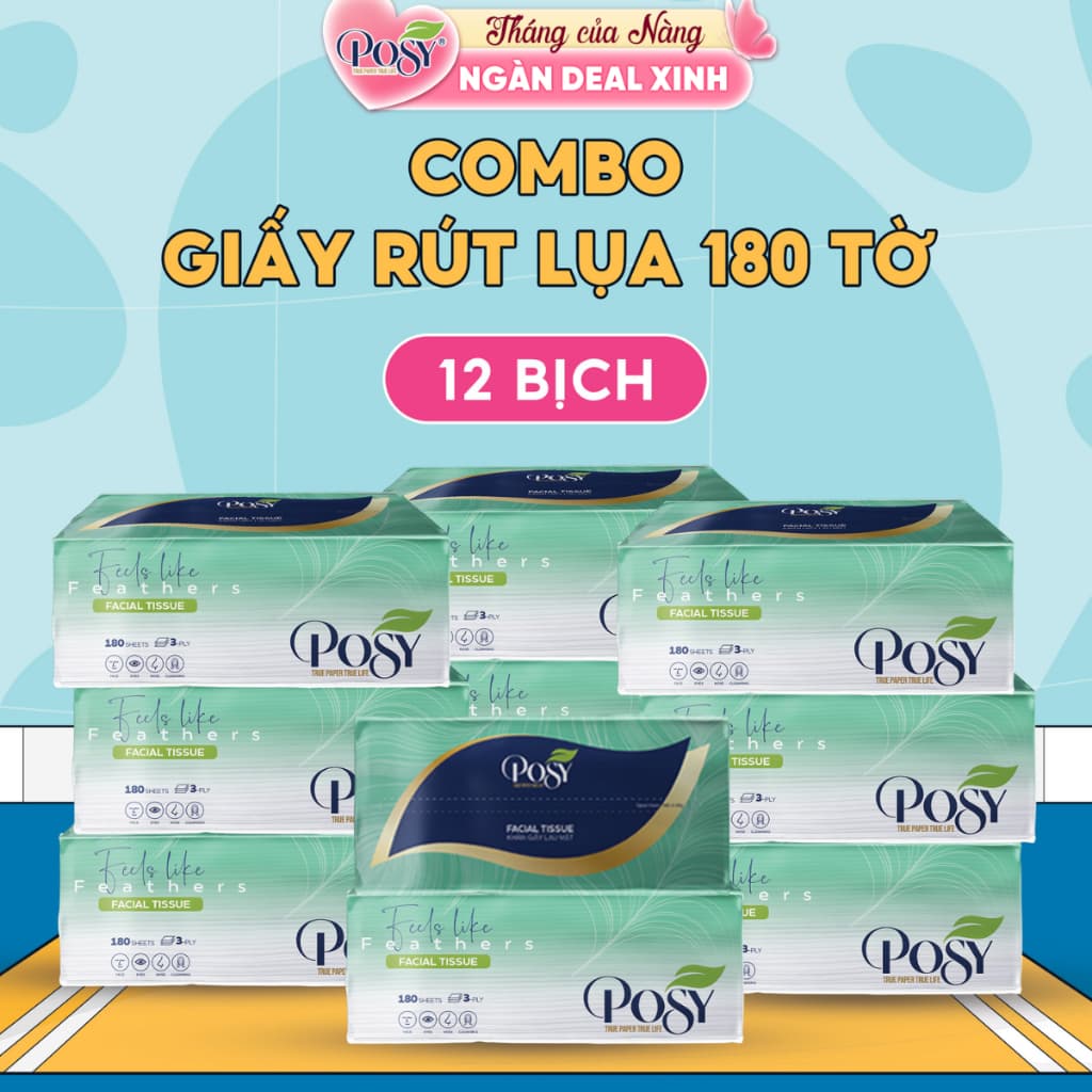 POSY-S4- COMBO HỨNG KHỞI_ THÙNG 12 GÓI GIẤY LỤA POSY 180 TỜ 3 LỚP MỀM MẠI ÊM ÁI LAU TRÊN DA