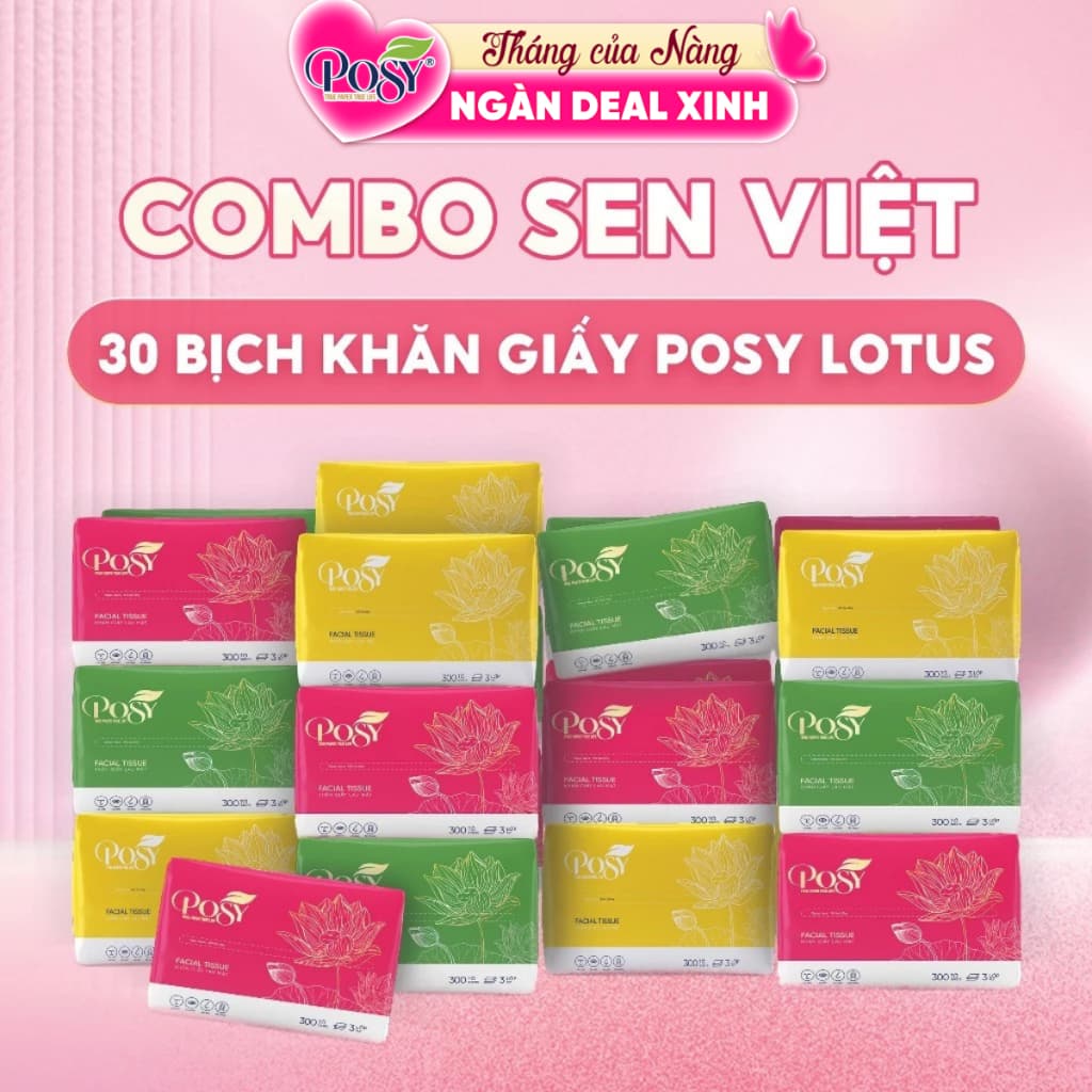 THÙNG 30 GÓI GIẤY ĂN RÚT CAO CẤP POSY - COMBO SEN VIỆT 30 GÓI 300 TỜ 3 LỚP DÀY DẶN, MỀM MỊN