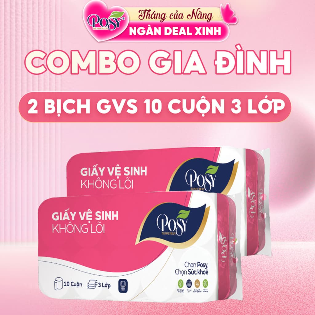 COMBO GIA ĐÌNH - 2 bịch Giấy vệ sinh Posy 10 cuộn 3 lớp không lõi - có lõi mềm mịn, dễ tan trong nước