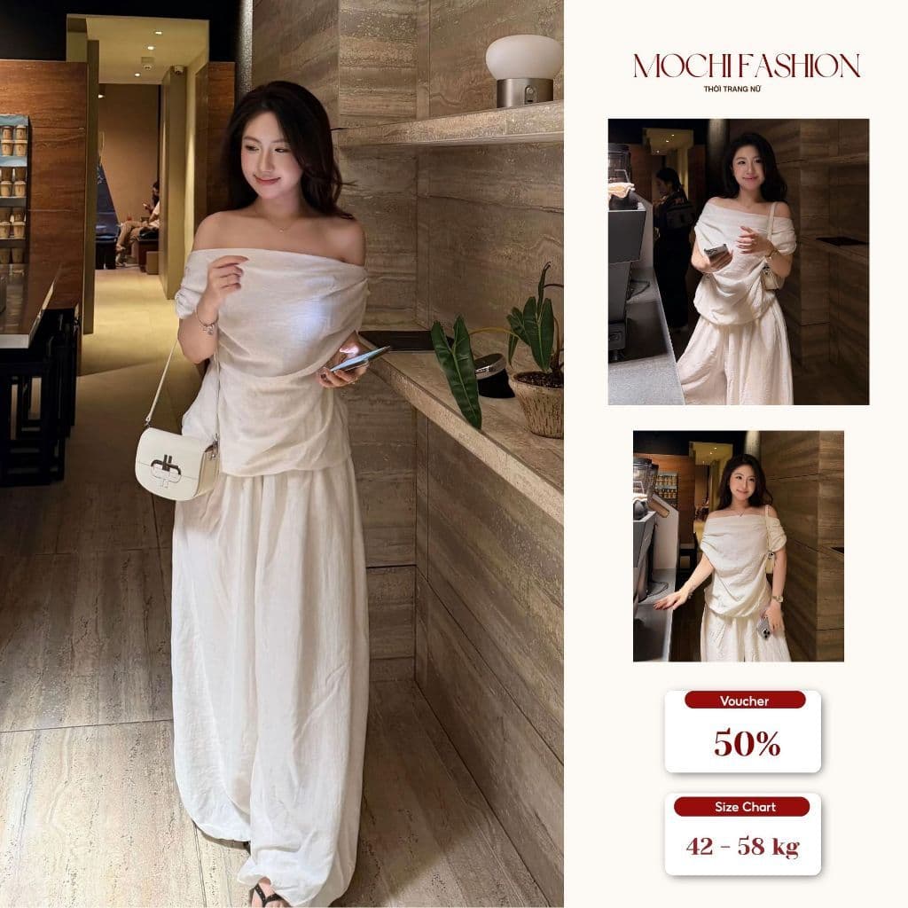 Set bộ nữ Áo trễ vai chất Linen mềm rủ cao cấp mix quần suông phong cách minimal thanh lịch